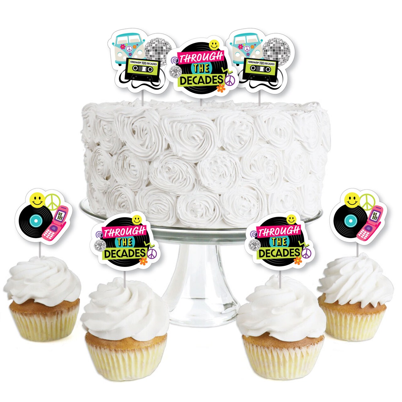 Big Dot of Happiness Through the Decades - Dessert Cupcake Toppers - 50s, 60s, 70s, 80s, and 90s Party Clear Treat Picks - Set of 24